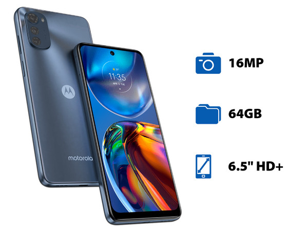 Smartphone Motorola Moto E32:
Procesador Unisoc T606 (hasta 1.6 GHz), 
Memoria RAM de 4GB, Almacenamiento de 64GB, 
Pantalla LED Multi Touch de 6.5