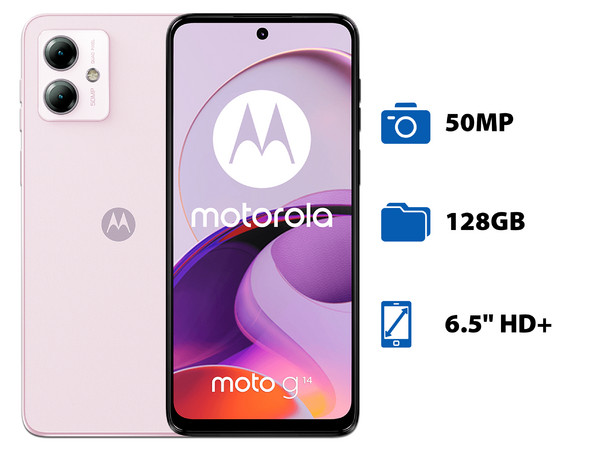Smartphone Motorola Moto G14: 
Procesador Octa-Core (hasta 2.0 GHz), 
Memoria RAM de 4GB, Almacenamiento de 128GB, 
Pantalla LED Multi-Touch de 6.5