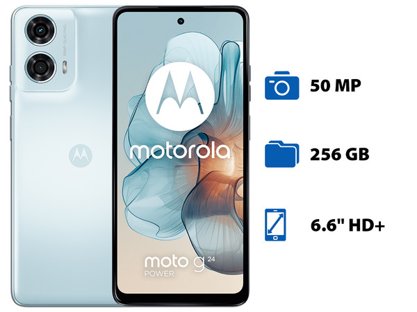 Smartphone Motorola Moto G24 Power: 
Procesador Helio G85 (hasta 2.0 GHz), 
Memoria RAM de 8GB, Almacenamiento de 256GB, 
Pantalla LCD Multi Touch de 6.6