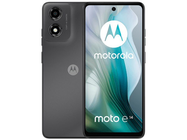 Smartphone Motorola Moto e14: 
Procesador Unisoc T606 (hasta 1.6 GHz), 
Memoria RAM de 2GB, Almacenamiento de 64GB, 
Pantalla LED Multi Touch de 6.6