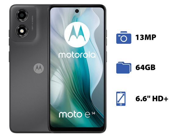 Smartphone Motorola Moto e14: 
Procesador Unisoc T606 (hasta 1.6 GHz), 
Memoria RAM de 2GB, Almacenamiento de 64GB, 
Pantalla LED Multi Touch de 6.6