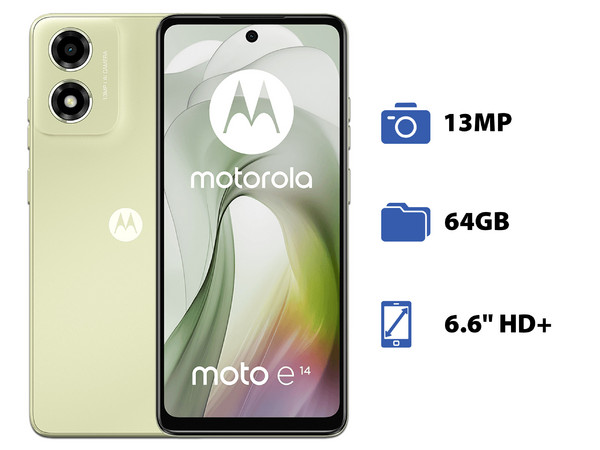 Smartphone Motorola Moto e14: 
Procesador Unisoc T606 (hasta 1.6 GHz), 
Memoria RAM de 2GB, Almacenamiento de 64GB, 
Pantalla LED Multi Touch de 6.6