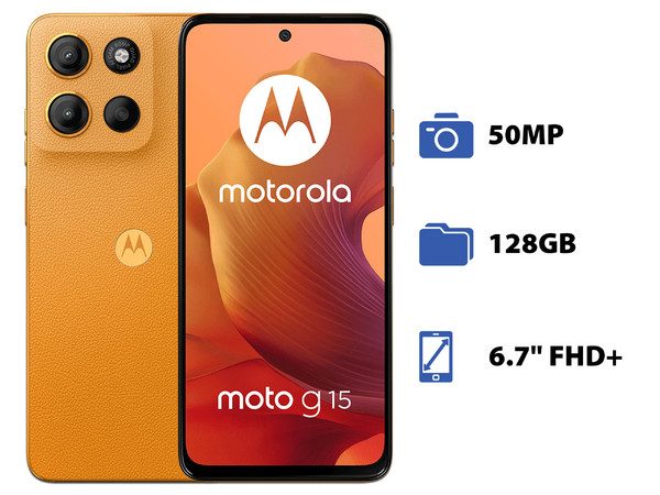 Smartphone Motorola Moto G15: 
Procesador Mediatek Helio G81 (hasta 2.0 GHz) , 
Memoria RAM de 4GB, Almacenamiento de 128GB, 
Pantalla LED Multi-Touch de 6.7