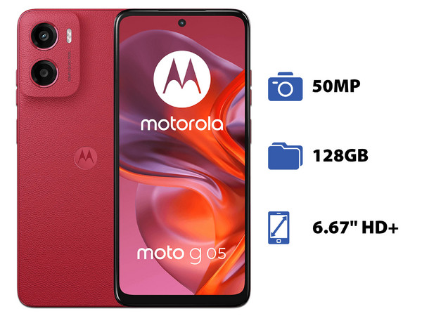 Smartphone Motorola Moto G05: 
Procesador Octa-Core (hasta 2.0 GHz), 
Memoria RAM de 4GB, Almacenamiento de 128GB, 
Pantalla LED Multi-Touch de 6.67