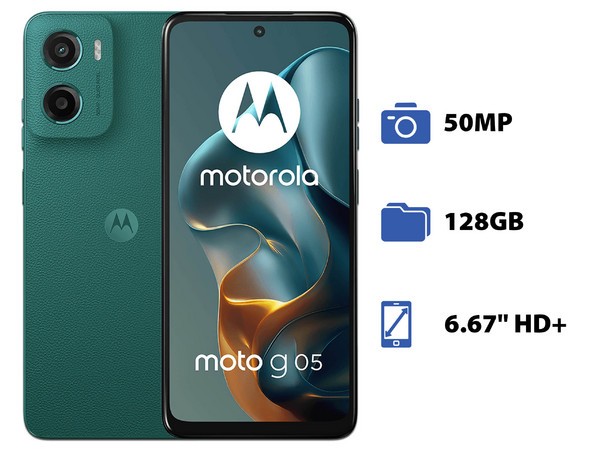 Smartphone Motorola Moto G05: 
Procesador Octa-Core (hasta 2.0 GHz), 
Memoria RAM de 4GB, Almacenamiento de 128GB, 
Pantalla LED Multi-Touch de 6.67