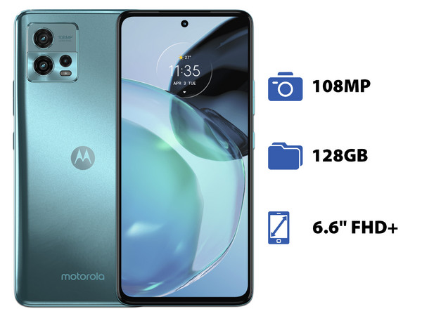 Smartphone Motorola Moto G72: 
Procesador MediaTek Helio G99 (hasta 2.2 GHz), 
Memoria RAM de 6GB, Almacenamiento de 128GB, 
Pantalla LED Multi-Touch de 6.6