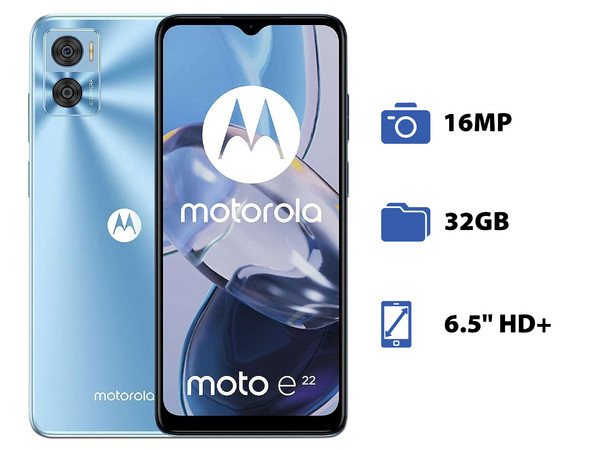 Smartphone Motorola Moto E22: 
Procesador Octa Core (hasta 2.3 GHz), 
Memoria RAM de 3GB, Almacenamiento de 32GB, 
Pantalla LED Multi-Touch de 6.5