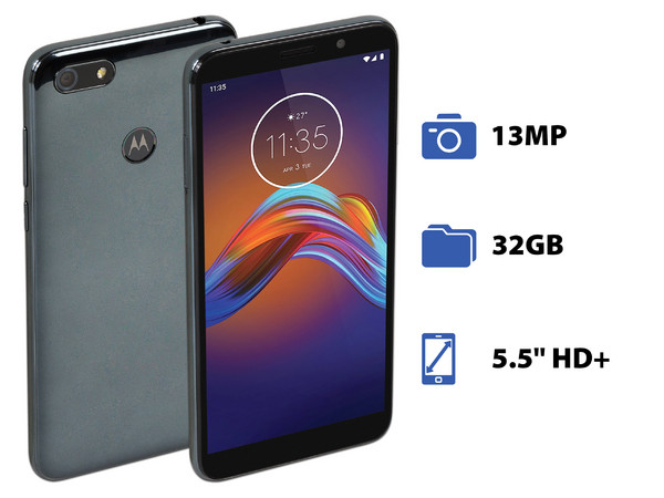 Smartphone Motorola Moto E6 Play:
Procesador Mediatek MT6739 Quad Core (1.5 GHz),
Memoria RAM de 2GB, Almacenamiento de 32GB ,
Pantalla LED Multi Touch de 5.5
