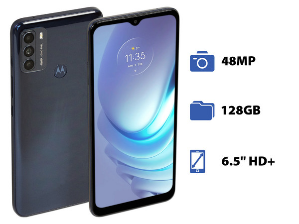 Smartphone Motorola Moto G50: 
Procesador Snapdragon 480 (hasta 2.00 GHz), 
Memoria RAM de 4GB, Almacenamiento de 128GB, 
Pantalla LED Multi Touch de 6.5