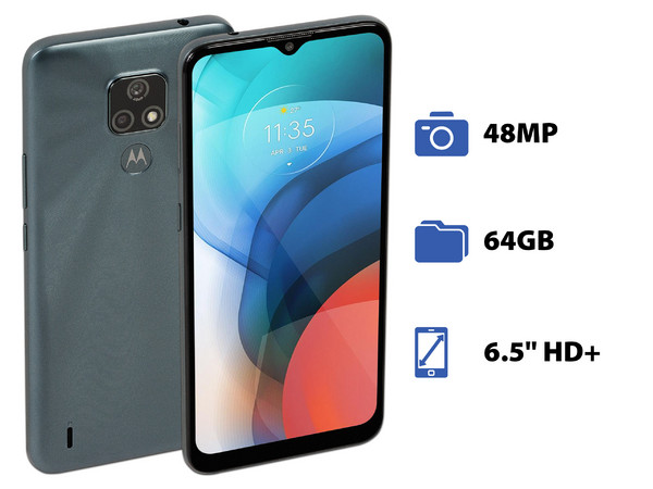 Smartphone Motorola Moto E7:
Procesador Mediatek Helio G25 Octa-Core (hasta 2.0 GHz),
Memoria RAM de 4GB, Almacenamiento de 64GB,
Pantalla LED Multi Touch de 6.5