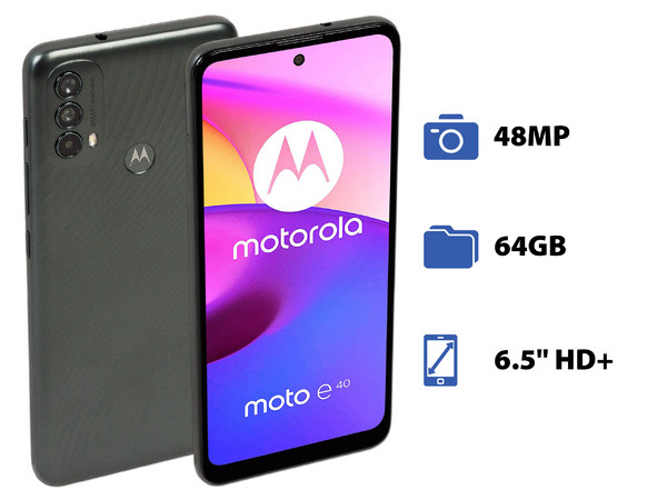 Smartphone Motorola Moto E40:
Procesador UNISOC T700 (hasta 1.8 GHz),
Memoria RAM de 4GB, Almacenamiento de 64GB,
Pantalla LED Multi Touch de 6.5