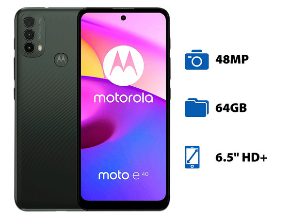 Smartphone Motorola Moto E40:
Procesador UNISOC T700 (hasta 1.8 GHz),
Memoria RAM de 4GB, Almacenamiento de 64GB,
Pantalla LED Multi Touch de 6.5