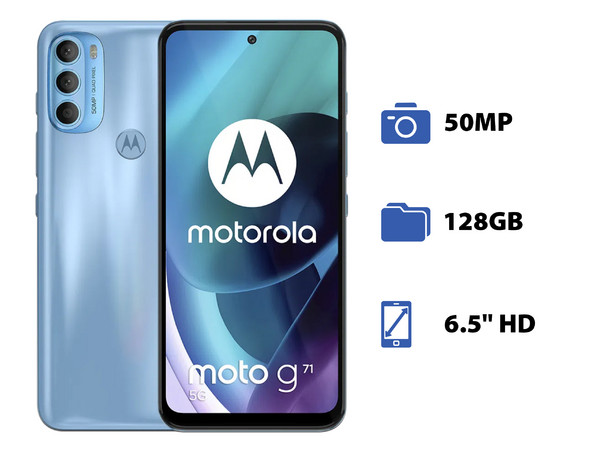 Smartphone Motorola G71 5G:
Procesador Qualcomm Snapdragon 695 Octa-Core (hasta 2.20 GHz),
Memoria RAM de 6GB,
Almacenamiento de 128GB,
Pantalla de 6.4