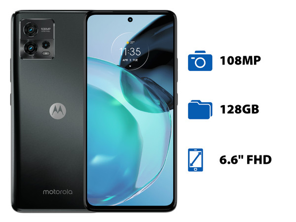 Smartphone Motorola Moto G72:
Procesador Helio G99 (hasta 2.2 GHz),
Memoria RAM de 8GB,
Almacenamiento de 128GB,
Pantalla LED Multitouch de 6.6