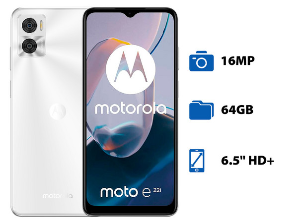 Smartphone Motorola Moto E22i:
Procesador MediaTek Helio G37 (hasta 2.3 GHz),
Memoria RAM de 2GB, Almacenamiento de 64GB,
Pantalla LED de 6.5