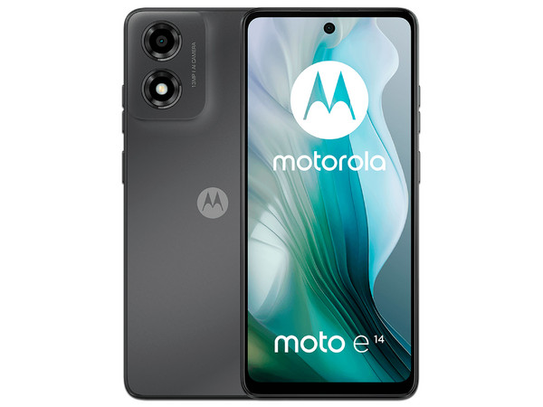 Smartphone Motorola Moto e14: 
Procesador Unisoc T606 (hasta 1.6 GHz), 
Memoria RAM de 2GB, Almacenamiento de 64GB, 
Pantalla LED de 6.6
