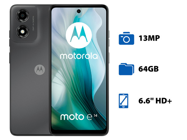 Smartphone Motorola Moto e14: 
Procesador Unisoc T606 (hasta 1.6 GHz), 
Memoria RAM de 2GB, Almacenamiento de 64GB, 
Pantalla LED de 6.6