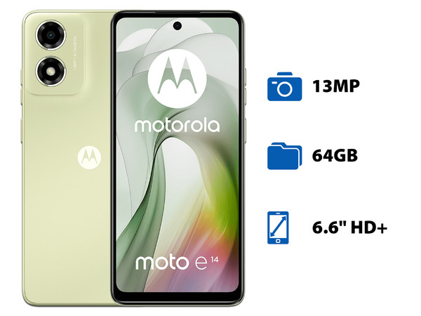 Smartphone Motorola Moto E14: 
Procesador Unisoc T606 (hasta 1.6 GHz), 
Memoria RAM de 2GB, Almacenamiento de 64GB, 
Pantalla LED Multi Touch de 6.6