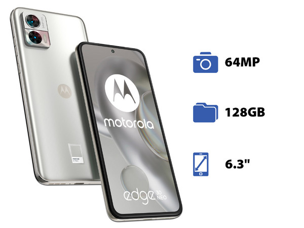 Smartphone Motorola Edge 30 Neo: 
Procesador Octa-Core (hasta 2.2 GHz), 
Memoria RAM de 8GB, Almacenamiento de 128GB, 
Pantalla LED Multi-Touch de 6.3
