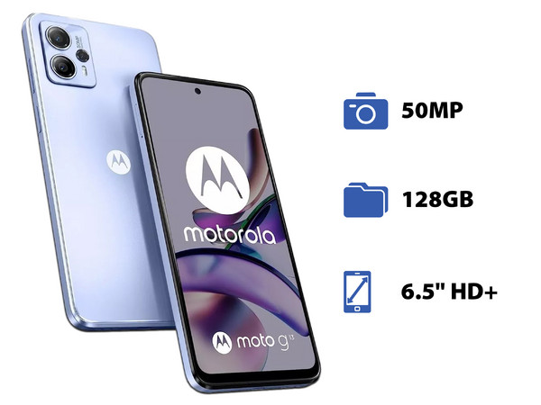Smartphone Motorola Moto G13: 
Procesador MediaTek Helio G85 (hasta 2 GHz), 
Memoria RAM de 4GB, 
Almacenamiento de 128GB, 
Pantalla LCD IPS de 6.5