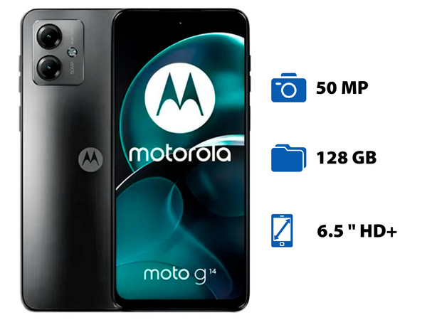 Smartphone Motorola Moto G14: 
Procesador Octa-Core (hasta 2.0 GHz), 
Memoria RAM de 4GB, Almacenamiento de 128GB, 
Pantalla LED Multi-Touch de 6.5