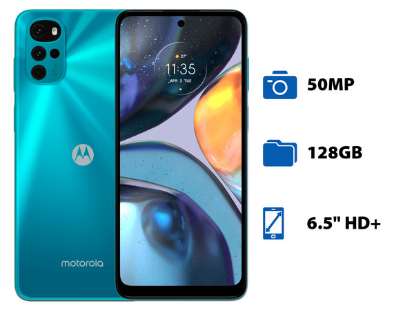 Smartphone Motorola Moto G22:
Procesador MediaTek Helio G37 Octa Core (hasta 2.3 GHz),
Memoria RAM 4GB,
Almacenamiento de 128GB,
Pantalla LCD Multi touch HD+ de 6.5