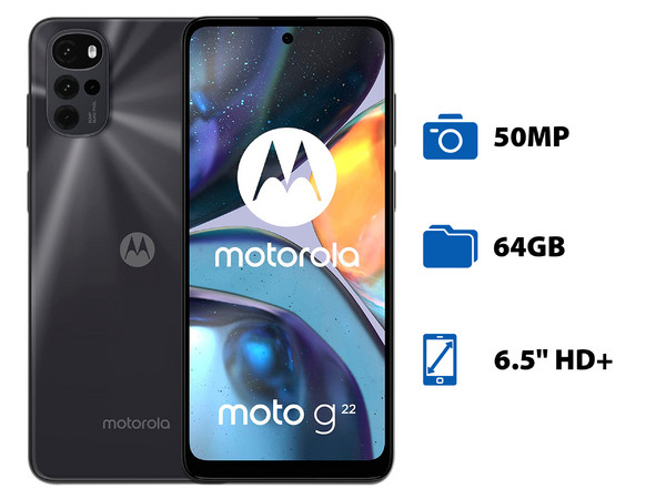Smartphone Motorola Moto G22: 
Procesador Helio G37 (hasta 2.30 GHz), 
Memoria RAM de 4GB, Almacenamiento de 64GB, 
Pantalla LED Multi Touch de 6.5