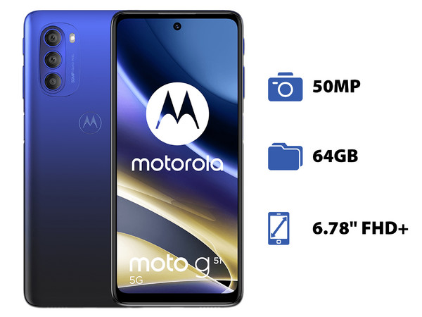 Smartphone Motorola Moto G51 5G:
Procesador Snapdragon 480+ (hasta 2.2 GHz),
Memoria RAM de 4GB, Almacenamiento de 64GB,
Pantalla LED de 6.78
