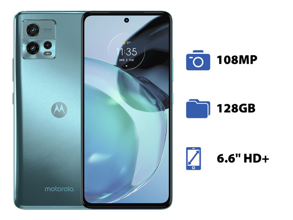 Smartphone Motorola Moto G72:
Procesador MediaTek Helio G99 (hasta 2.2 GHz),
Memoria RAM de 6GB, Almacenamiento de 128GB,
Pantalla LED Multi Touch de 6.6