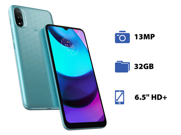 Smartphone Motorola E20: 
Procesador UNISOC T606 (hasta 1.6 GHz), 
Memoria RAM de 2GB, Almacenamiento de 32GB, 
Pantalla LED Multi Touch de 6.5