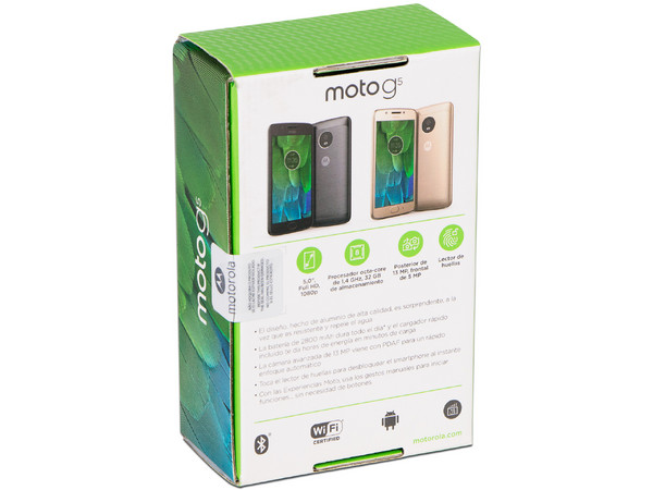 Smartphone Motorola Moto G5 XT1671:
Procesador Snapdragon 430 Octa-core (1.4 GHz),
Memoria RAM de 2GB, Almacenamiento de 32GB (expandible con microSD),
Pantalla 5.0