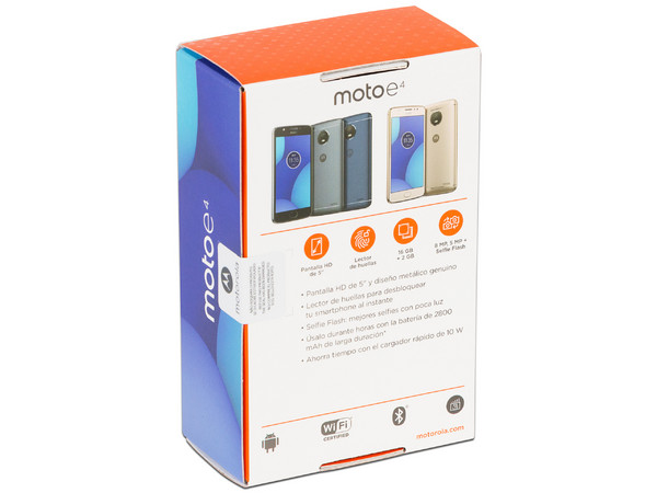 Smartphone Motorola Moto E4:
Procesador Mediatek MT6735 Quad Core (1.25 GHz),
Memoria RAM de 2GB, Almacenamiento de 16GB (expandible con microSD),
Pantalla 5
