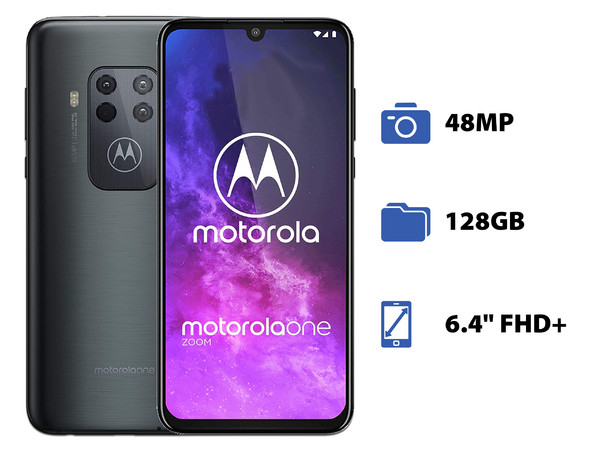 Smartphone Motorola One Zoom: 
Procesador Qualcomm Snapdragon 675 (hasta 2.0 GHz), 
Memoria RAM de 4GB, Almacenamiento de 128GB,
Pantalla OLED de 6.4