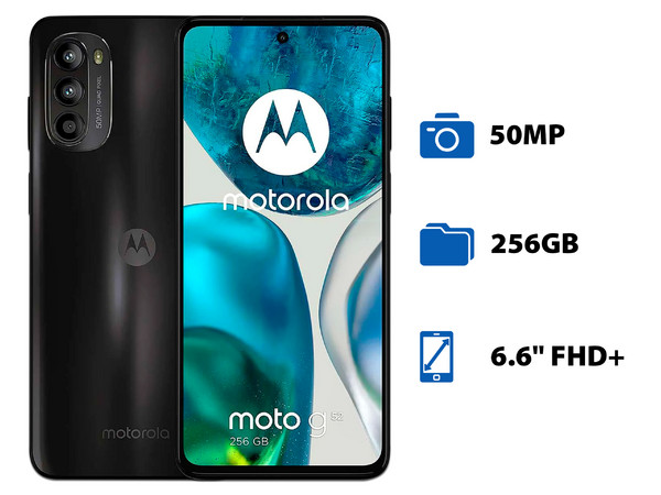Smartphone Motorola Moto G52:
Procesador Octa Core (hasta 2.4 GHz),
Memoria RAM de 6GB, Almacenamiento de 256GB,
Pantalla LED Multi touch de 6.6