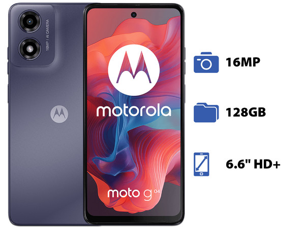 Smartphone Motorola Moto G04: 
Procesador Unisoc T606 (hasta 1.6 GHz), 
Memoria RAM de 4GB, 
Almacenamiento de 128GB, 
Pantalla LED Multi-Touch de 6.6