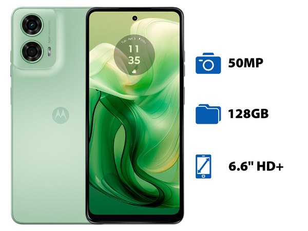 Smartphone Motorola Moto G24: 
Procesador Mediatek Helio G85 (hasta 2.0 GHz), 
Memoria RAM de 4GB, 
Almacenamiento de 128GB, 
Pantalla LED Multi Touch de 6.6