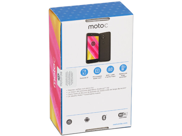 Smartphone Motorola Moto C:
Procesador Mediatek Quad Core (1.1 GHz),
Memoria RAM de 1GB, Almacenamiento de 8GB (expandible con microSD),
Pantalla 5