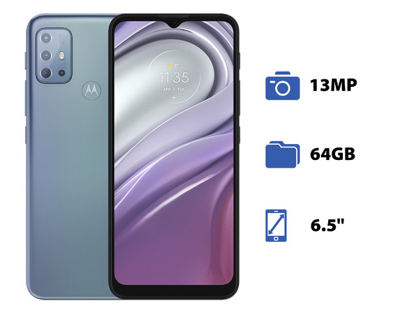 Smartphone Motorola Moto G20:
Procesador UNISOC T700 (1,8 GHz), 
Memoria RAM de 4GB, Almacenamiento de 64GB, 
Pantalla LED Multi Touch de 6.5