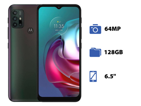 Smartphone Motorola Moto G30:
Procesador Qualcomm Snapdragon 662 (2.0 Ghz), 
Memoria RAM de 4GB, Almacenamiento de 128GB, 
Pantalla LED Multi Touch de 6.5