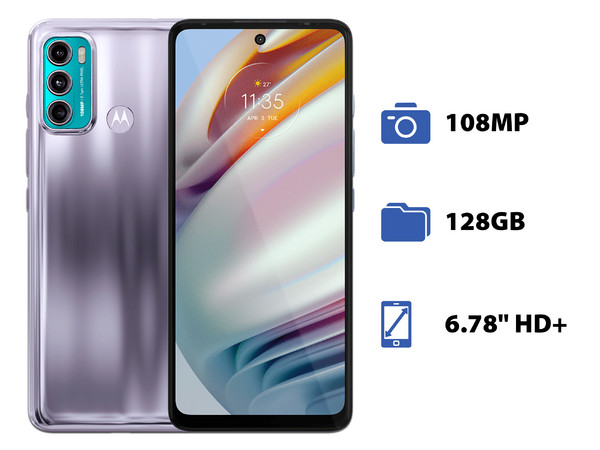 Smartphone Motorola Moto G60:
Procesador Snapdragon 732G (hasta 2.3 GHz),
Memoria RAM de 6GB,
Almacenamiento de 128GB,
Pantalla LED Multi Touch de 6.78
