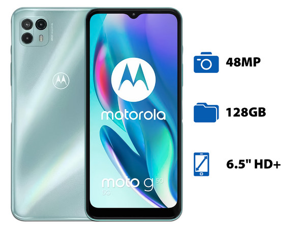 Smartphone Motorola Moto G50: 
Procesador Octa Core (hasta 2.00 GHz), 
Memoria RAM de 4GB, Almacenamiento de 128GB, 
Pantalla LED Multi Touch de 6.5