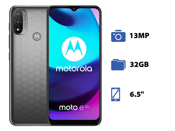 Smartphone Motorola Moto E20:
Procesador UNISOC T606 (1,6 GHz), 
Memoria RAM de 2GB, Almacenamiento de 32GB, 
Pantalla LED Multi Touch de 6.5