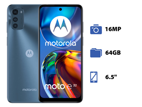 Smartphone Motorola Moto E32:
Procesador Unisoc T606 (1.6 GHz), 
Memoria RAM de 4GB, Almacenamiento de 64GB, 
Pantalla LED Multi Touch de 6.5