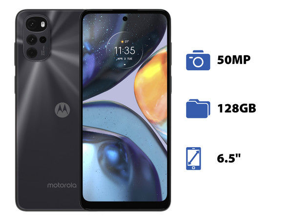 Smartphone Motorola G22:
Procesador MediaTek G37,
Memoria RAM de 4GB, Almacenamiento de 128GB,
Pantalla LED Multi-Touch de 6.5