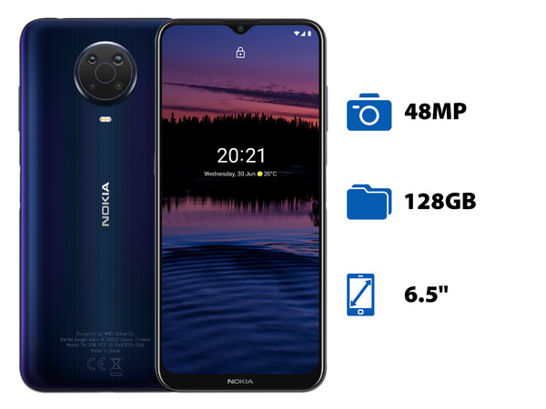 Smartphone Nokia G20:
Procesador Octa-Core (hasta 2.3 GHz),
Memoria RAM de 4GB, Almacenamiento de 128GB,
Pantalla LED Multi Touch de 6.5
