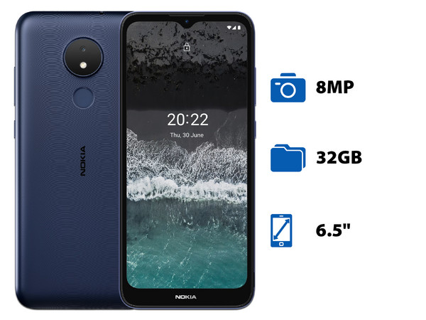 Smartphone Nokia C21:
Procesador Octa-Core (hasta 1.6 GHz),
Memoria RAM de 2GB, Almacenamiento de 32GB,
Pantalla LED Multi Touch de 6.5