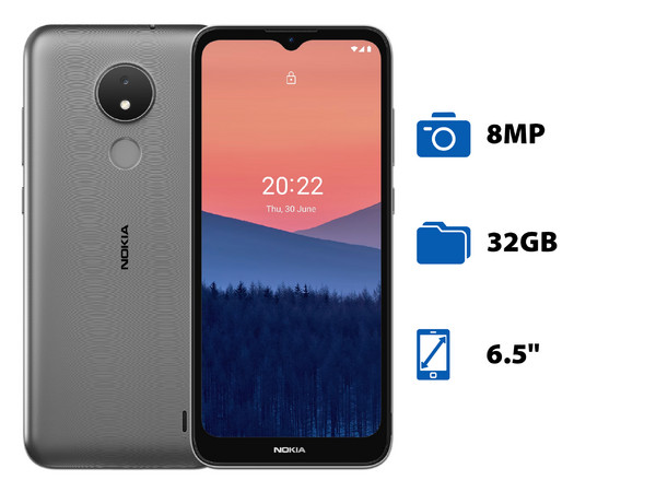 Smartphone Nokia C21:
Procesador Octa-Core (hasta 1.6 GHz),
Memoria RAM de 2GB, Almacenamiento de 32GB,
Pantalla LED Multi Touch de 6.5