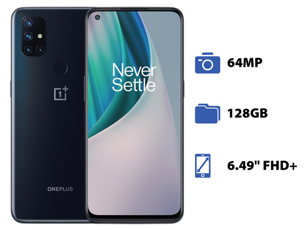 Smartphone One Plus Nord N10 5G: 
Procesador Snapdragon 690 (hasta 2.0 GHz), 
Memoria RAM de 6GB, Almacenamiento de 128GB, 
Pantalla LCD Multi Touch de 6.49