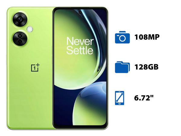 Smartphone One Plus Nord CE 3 Lite 5G: 
Procesador Snapdragon 695 (hasta 2.2 GHz), 
Memoria RAM de 8GB, Almacenamiento de 128GB, 
Pantalla LED Multi Touch de 6.72