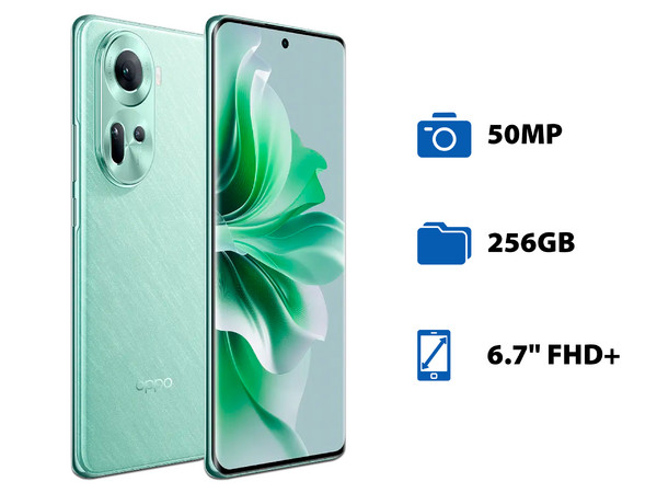 Smartphone OPPO Reno11: 
Procesador MediaTek Dimensity 7050 (hasta 2.6 GHz), 
Memoria RAM de 8GB, 
Almacenamiento de 256GB, 
Pantalla AMOLED Multi-Touch de 6.7